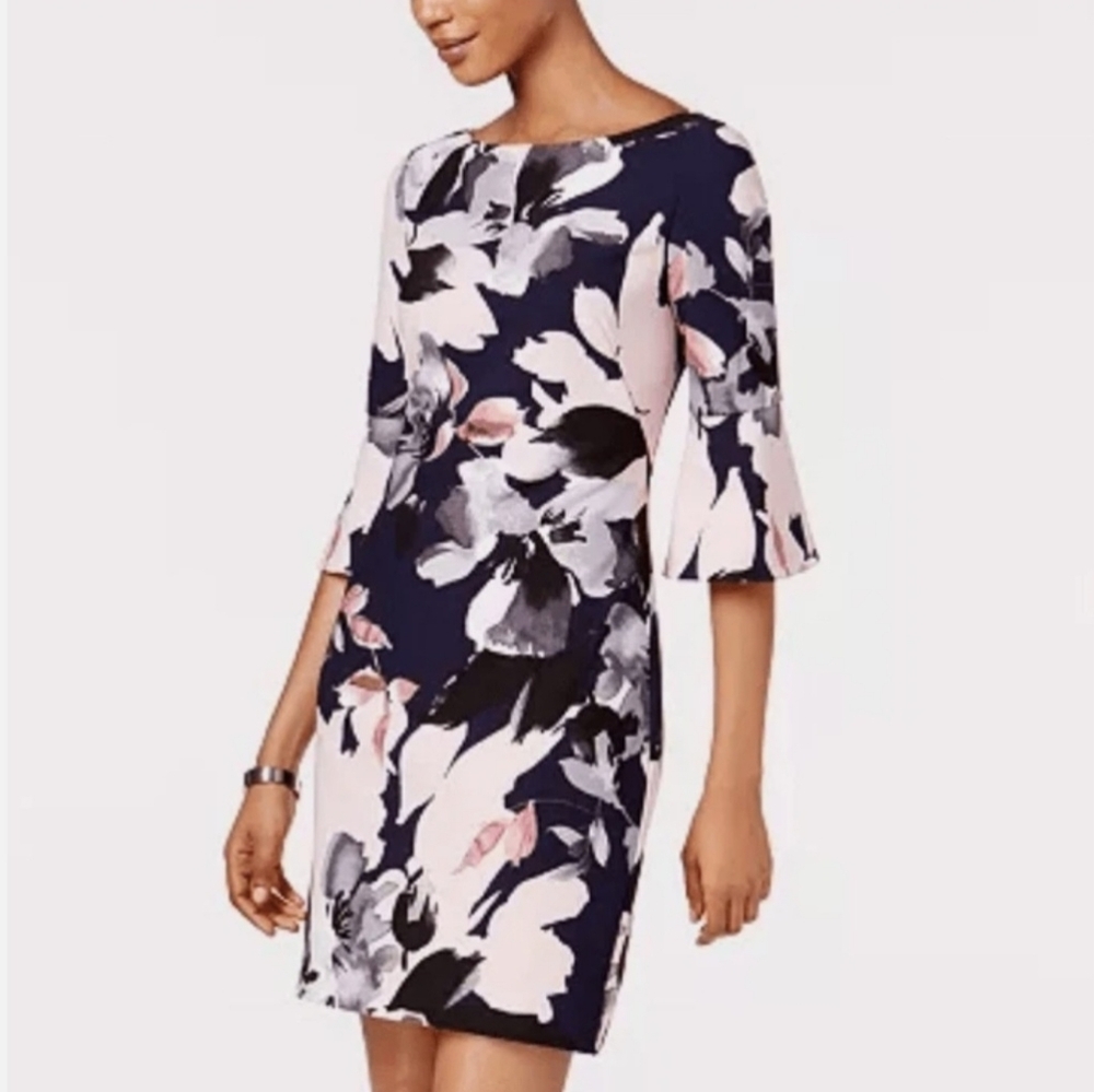 Vince Camuto Navy Blue and Pink Floral Print Bell Sleeve Spring Summer Dress 10 - Picture 15 of 15